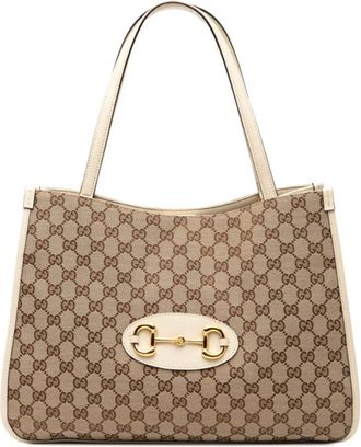Gucci Beige White Canvas Leather Shoulder Bag Tote Bag (Pre-Owned)