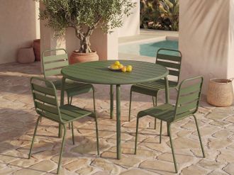 Vente-Unique Sala da pranzo da giardino in Metallo Kaki MIRMANDE: un tavolo D.110cm e 4 sedie impilabili