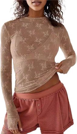 Generic Thermal Undershirt for Women Basic Tops Blouse Lace Undershirt Lace Long Sleeve Mesh Top Thumb Hole See Through Pullover Blouses Fall Winter Oufits fo