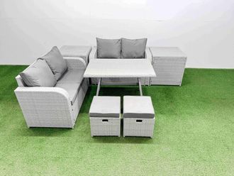Fimous 6 Seater Outdoor Love Sofa Sets Rattan Garden Furniture Set in Light Grey
