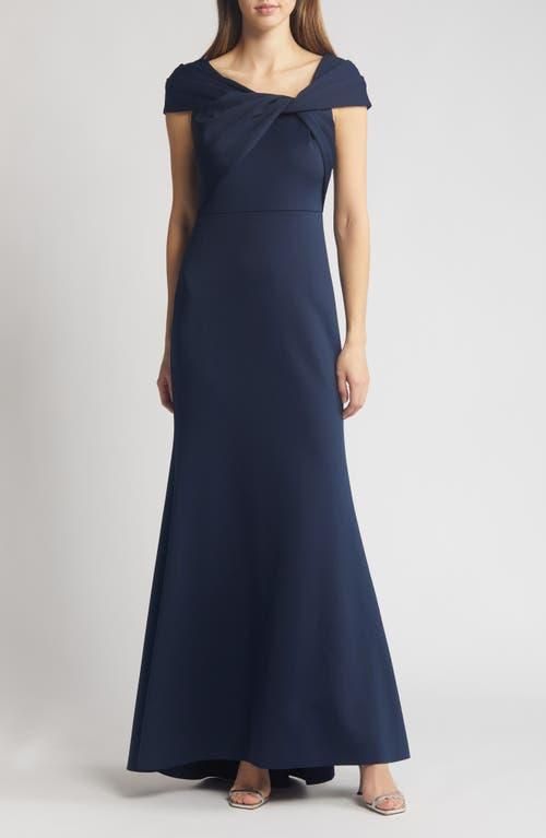 Eliza J Wrap Neckline Scuba Crepe Gown in Navy at Nordstrom, Size