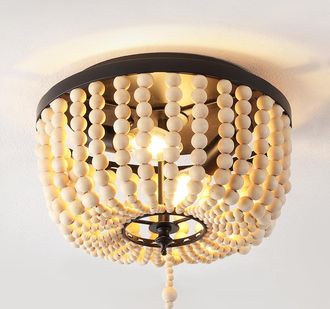 Jonathan Y Designs Allison 10 2-Light Shabby Chic Farmhouse Wood Beaded/Metal LED Flush Mount, White