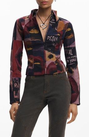 Desigual Mixed Print Long Sleeve Shirt in Gray Brown at Nordstrom, Size X-Large