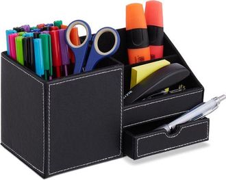 OEM Portal&aacute;pices - 3 Compartimentos - Caj&oacute;n - 12 X 22,5 X 11 Cm - Organizador De Escritorio - Piel Sint&eacute;tica - Negro
