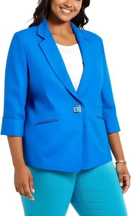 Kasper Blazer Jacket Womens Blue Linen Notch Lapel Long Sleeve FTS1215