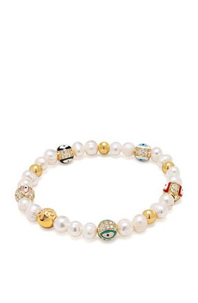 Nialaya Evil Eye Pearl Bracelet in White at Nordstrom, Size X-Large