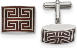 Diamond2Deal Stainless Steel Polished Koa Wood Inlay Rectangle Cufflinks