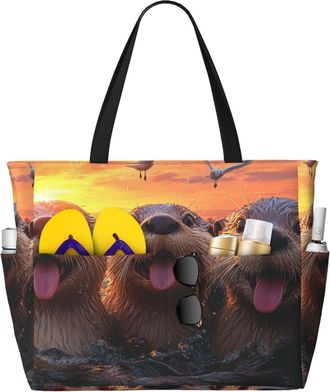 Generic Cute Otter Print Large Beach Bag Foldable Travel Shoulder Tote Bag With Pocket For Weekender Pool Vacation
