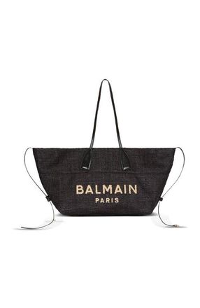 Balmain Track tote bag in raffia and calfskin in Black at Nordstrom