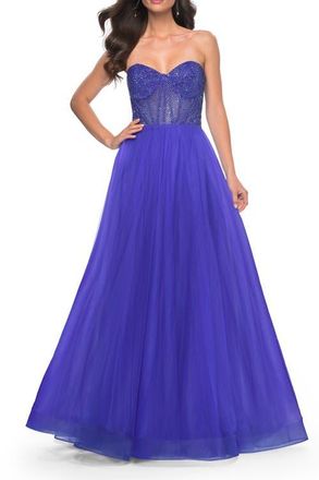 La Femme A-Line Tulle Prom Dress with Rhinestone Fishnet Bodice in Royal Blue at Nordstrom, Size 10