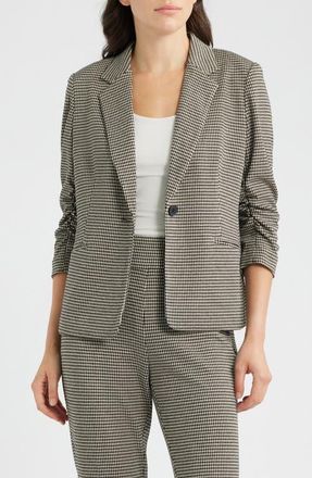 Anne Klein Scrunch Sleeve Houndstooth Blazer in Anne Black/vicuna at Nordstrom, Size X-Large