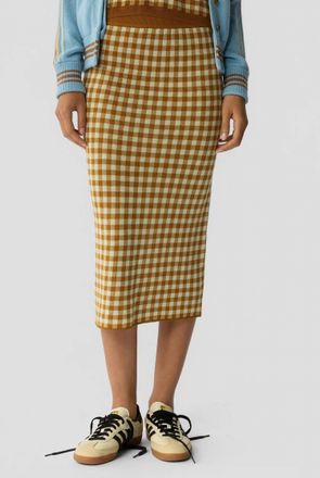 Guest In Residence Gingham Long Skirt In Suede/limewash