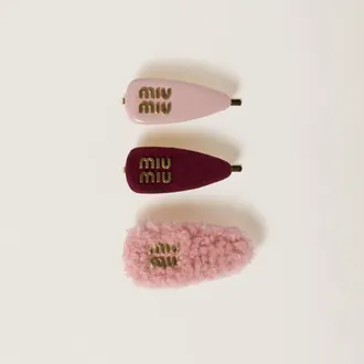 Miu Miu Set Of Leather, Suede, And Shearling Hair Clips, Woman, Alabaster Pink