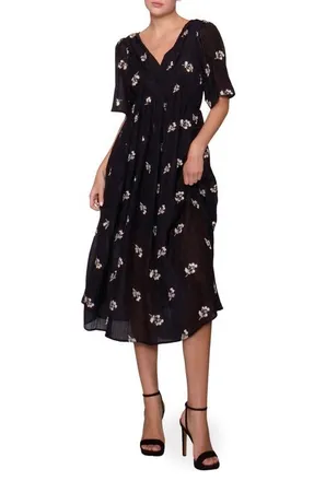 Melloday Floral Embroidered Detail Woven Dress in Black Floral at Nordstrom, Size X-Small