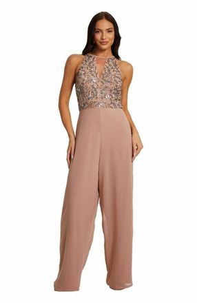 Quiz Beaded V Neck Chiffon Jumpsuit in Soft Pink at Nordstrom, Size 12