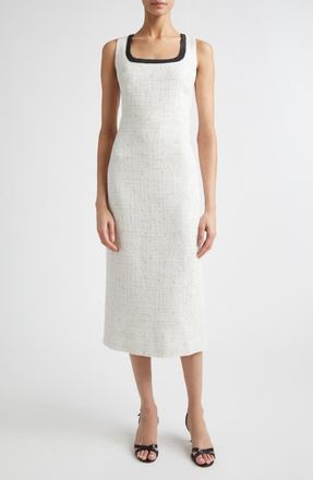 St. John Cannes Stud Trim Tweed Midi Sheath Dress in Ecru Metallic/Black at Nordstrom, Size 14