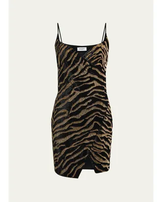 Balmain Sleeveless Tiger Embroidered Velvet Mini Wrap Dress