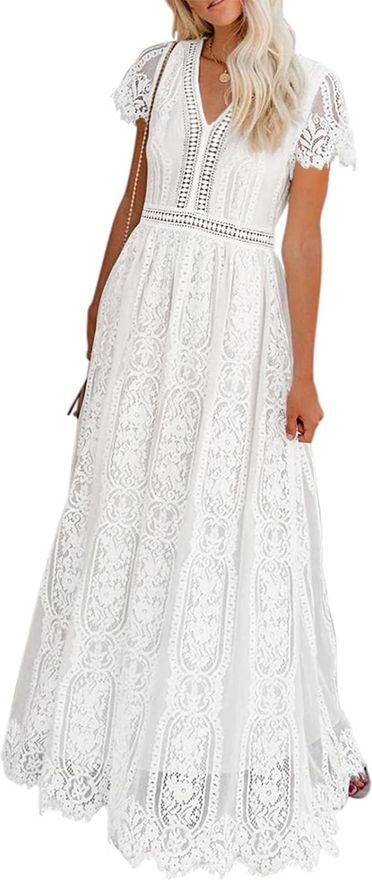Womens V Neck Short Sleeve Floral Lace Wedding Dress Bridesmaid Cocktail Party Maxi Dress, White, S