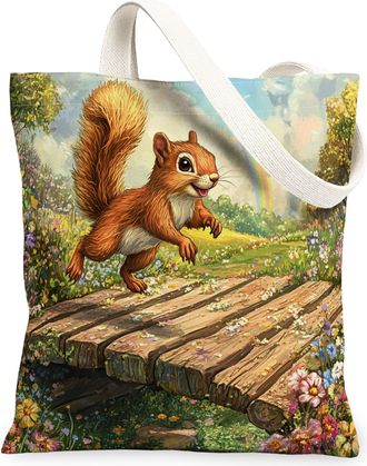 Generic Spring Squirrel Canvas Tote Bag for Shopping 13x15, Country Garden Animal Reusable Grocery Print Pattern Bag for Women, Fun Flower Scenic Beach Aesthe