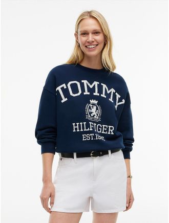 Tommy Hilfiger Womens Drawcord Varsity Crest Logo Sweatshirt - Navy - XS