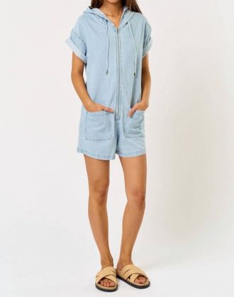 Blue Blush Denim Hooded Romper In Light Wash