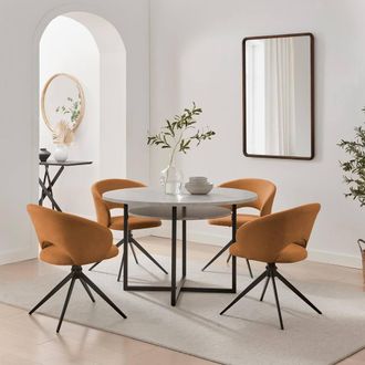 Furniturebox Adley Round Grey Concrete Effect Dining Table 4 Anika Swivel Chairs in Terracotta