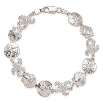 Diamond2Deal Sterling Silver Rhod-plated Polished Starfish,Shell,Sand Dollar Bracelet 7.25
