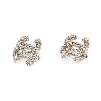 Chanel Pre-owned Womens CC Camellia Crystal Clip On Earrings - Silver - One Size