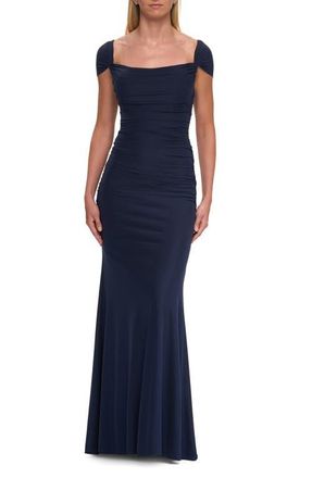 La Femme Simple Ruched Cap Sleeve Net Jersey Gown in Navy at Nordstrom, Size 12
