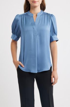 Anne Klein Puff Sleeve Hidden Button Top in Dutch Blue at Nordstrom, Size X-Large