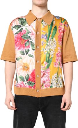 Dolce & Gabbana Mens Brown Floral Collared Short Sleeve T-Shirt Silk Cotton