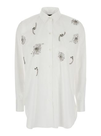 Plaîn White Shirt With Classic Collar And Rhinestone Embellishments On The Front In Cotton Blend Stretch Woman
