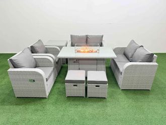 Fimous 8 Seater Outdoor Reclining Chair Love Sofa Set Rattan Garden Furniture Set with Firepit Dining Table 2 Stools Side Table Light Grey