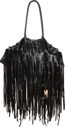 Alexander McQueen Manta Fringe Embellished Croc Embossed Leather Shoulder Bag in Black/Silver at Nordstrom