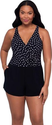 Trimshaper Kim Surplice Control Swim Romper with Pockets in Confetti Dot at Nordstrom, Size 14