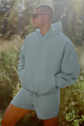 Alo | Axis Hooded Pullover Top in Desert Sage Grey, Size: Medium