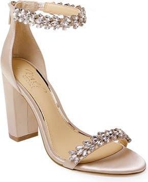 Badgley Mischka Jewel by Badgley Mischka Mayra Embellished Ankle Strap Sandal in Champagne Satin at Nordstrom Rack, Size 5.5