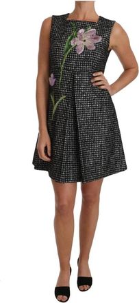Dolce & Gabbana Grijze Mini A-lijn Jurk met Paarse Tulp - Dames - Korte kleedjes - Veelkleurig - S - Wol - Kleedjes