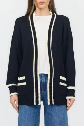 Dear John Denim Amani Open Front Stripe Trim Cardigan in Black/cream at Nordstrom, Size X-Small