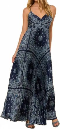 Skies Are Blue Clothing Bandana Print Pleated Maxi Dress In Navy
