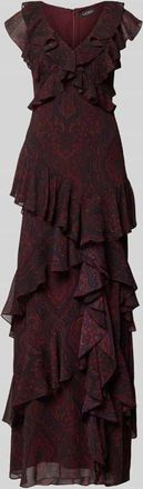 Lauren Ralph Lauren Abendkleid mit Volants Modell ARITAS in Dunkelrot, Gr&ouml;&szlig;e 36