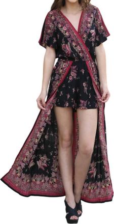 Angie Border & Floral Print Maxi Romper In Black