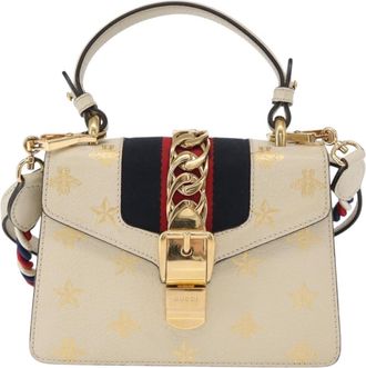 Gucci Sylvie Top Handle Bag Printed Leather Beige Leather Handbag (Pre-Owned)