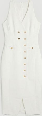 Karen Millen Womens Textured Compact Stretch V Neck Button Detail Midi Dress - White - Size 16 UK