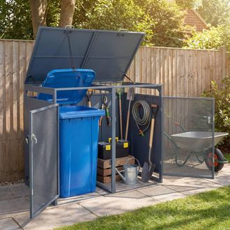 Costway Costway Metal Trash Can Storage Shed for 2 Bins Utility Storage Organizer in Grey
