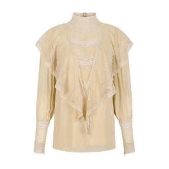 Zimmermann Ivory kanten blouse met ruches - Dames - Blouses & Shirts - Beige - Maat: XS Zijde