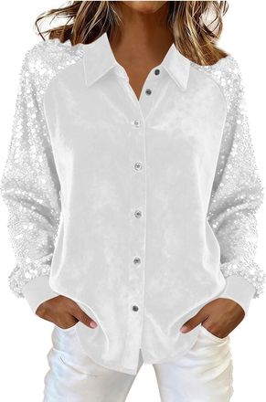 Generic Womens Sequin Blouses Long Sleeve Botton Down Shirts Lapel Neck Sparkly Sequined Velvet Shirt Ladies Casual Elegant Festival Evening Tops for Christma