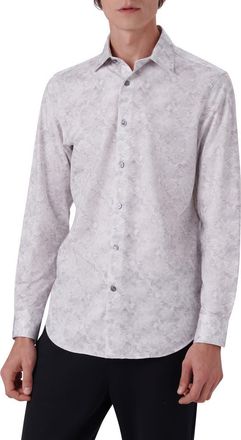Bugatchi OoohCotton Leaf Print Button-Up Shirt in Platinum at Nordstrom, Size Xxx-Large