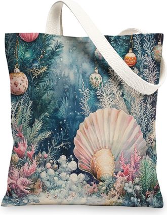 Generic Ocean Christmas Nautilus Canvas Tote Bag for Shopping 13x15, Fun Sea Coastal Xmas Sealife Reusable Grocery Print Pattern Bag for Women Men, Holiday Be