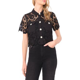 CeCe by Cynthia Steffe Floral Lace Button-Up Shirt in Rich Black at Nordstrom, Size X-Large